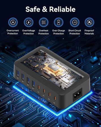 Зарядний пристрій USB C 200W, 8 портів, PD 65W з LCD дисплеєм для MacBook, iPad, iPhone 16/15/14/13 Pro/Max, Samsung S24/S23 – Чорний