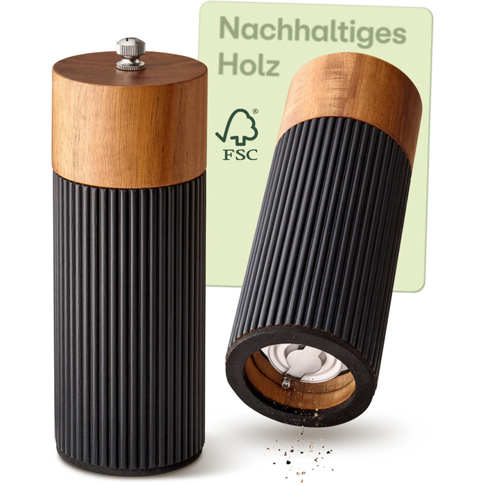 Набір для перцю та солі Praknu з дерев'яної акації з керамічним жорном - регулювання ступеня помолу, довговічний - дерев'яні млини для спецій - набір млинів для солі та перцю, чорний (маленький)
