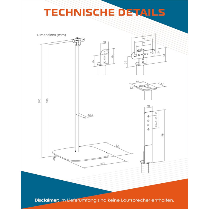 Підставка для колонок Xantron® 2X, регульована висота до 103 см, з антиковзким покриттям та прихованою прокладкою кабелю, з кріпленням, PREMIUM-USF-2