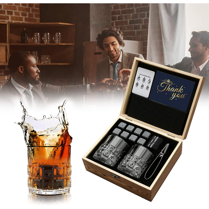 Склянки для віскі з гранітними кубиками льоду, 2 шт., дерев'яна подарункова коробка, 310 мл, з рельєфним візерунком