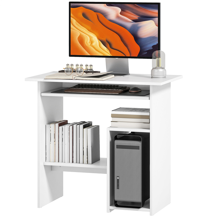 HOMCOM Desk, 80 x 45 cm, Computer Desk, Office Desk with Keyboard Tray, Open Compartments and Storage Surfaces, Chipboard, for Home Office, Bedroom, White | Aosom