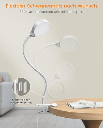Glocusent 5W LED Лампа для читання на ліжко, кліпса, 3 кольори/5 рівнів яскравості, гнучкий тримач, CRI 90, USB зарядка (біла)