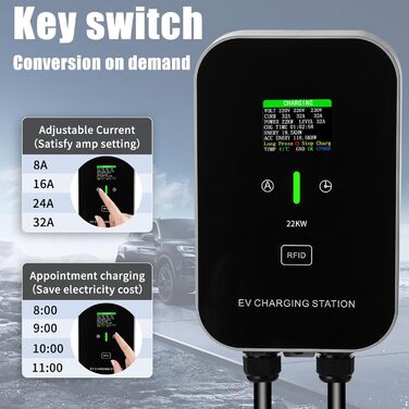 Кабель для зарядки електромобіля Schuko, 3.5kW, 6-16A з цифровим дисплеєм, для Tesla Model 3/Y, Peugeot 3008/508, Citroen C5X, DS7, GLA, Q3, X3 (22kW 32A)