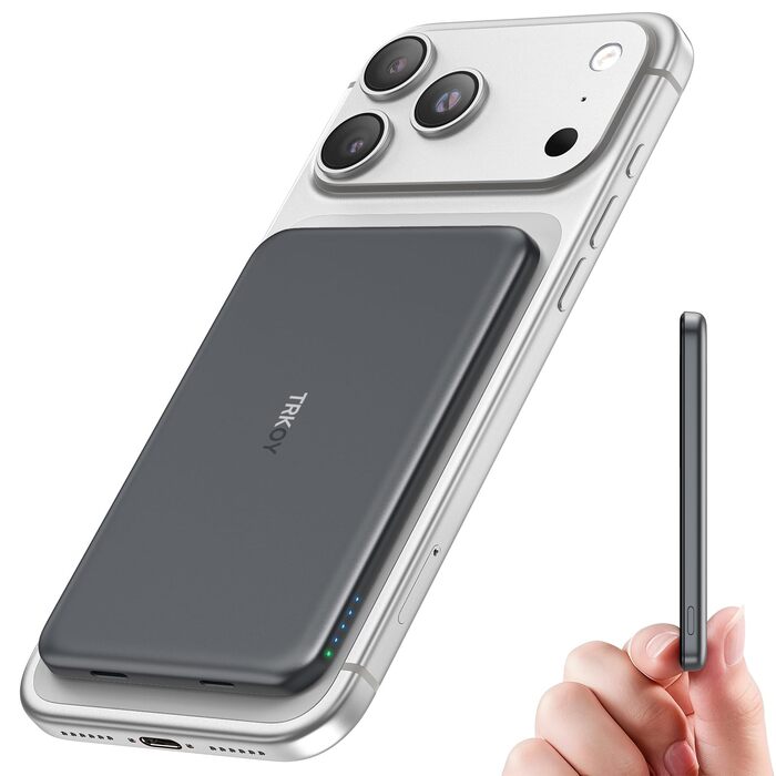 Powerbank MagSafe TRKOY Slim 5000mAh для iPhone: Кабельне та бездротове заряджання, USB-C, Зовнішній акумулятор сірого кольору