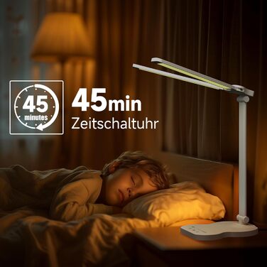 LED лампа настільна з двома руками, 5 кольорів та 10 рівнів яскравості, таймер вимкнення на 45 хвилин, сенсорне керування, для навчання (біла)