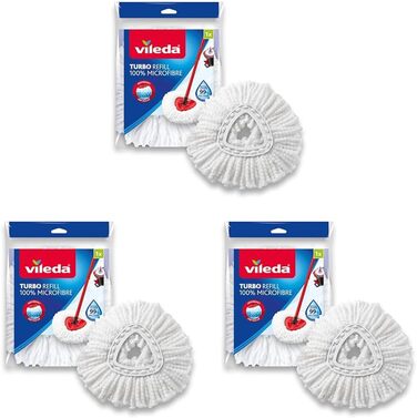 Vileda Turbo Easy Wring & Clean Classic Replacement Mop Head, suitable for Spin Mop Floor Cleaners, for all hard floors, removes over 99% of bacteria with just water*, 3-pack