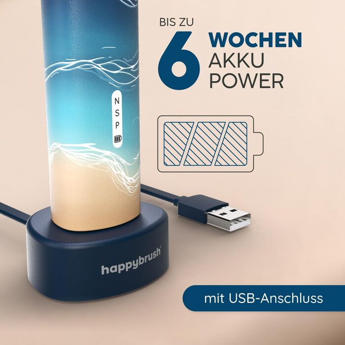 Електрична звукова зубна щітка happybrush® Eco Vibe 3 - Чорний колір - Набір з 4 насадок (Ocean) - Тестовий лідер - 100 днів тестування