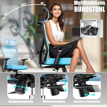 Крісло офісне KESSER® ергономічне з регульованими підлокітниками, поворотне з підтримкою попереку, з підголівником, функція гойдання до 125° та 5 роликів, блакитне/сріблясте