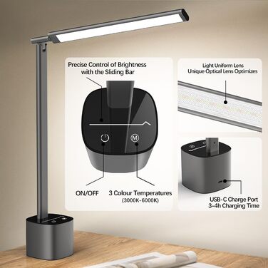 LED лампа настільна Hapfish з регулюванням яскравості, акумуляторна, з сенсорним керуванням, 5000mAh, для офісу, вулиці, приліжкові лампи (сіра)