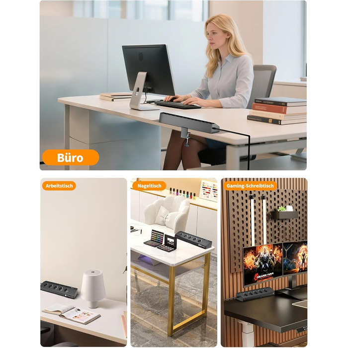 Мережевий адаптер Passus 5-фазний з 2 USB-C (PD 30W), захист від перенапруги, індивідуальне вмикання, 10-в-1, кабель 2м, чорний