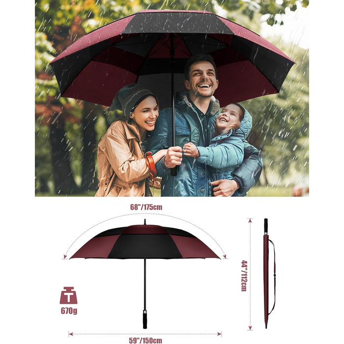 TECKNET Головний парасолька велика XXL, гольф-парасолька 68 дюймів, стійка до вітру, з подвійною конструкцією, вентильована, з великою ручкою EVA, для жінок та чоловіків, чорна та червона, діаметр 150 см