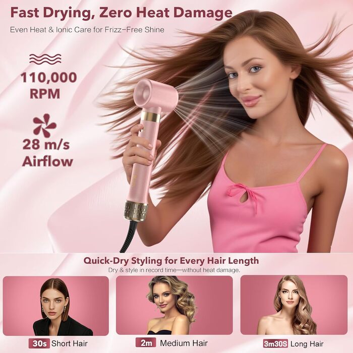 Airstyler 8-в-1: Фен-щітка з автоматичною насадкою для локонів, Dual Voltage, для подорожей, рожевий. Швидке сушіння, об'єм та без пошкоджень від тепла.