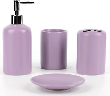 WPM 4-Piece Ceramic Bathroom Accessories Set – Purple – Our complete bathroom decor set includes a designer soap dispenser or lotion dispenser, toothbrush holder, cup, and soap dish.