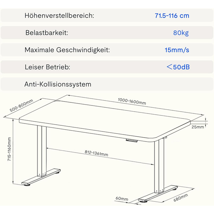 Регульований стіл FLEXISPOT 160x80 см з LED-дисплеєм та пам'яттю (Акорн, Чорний)