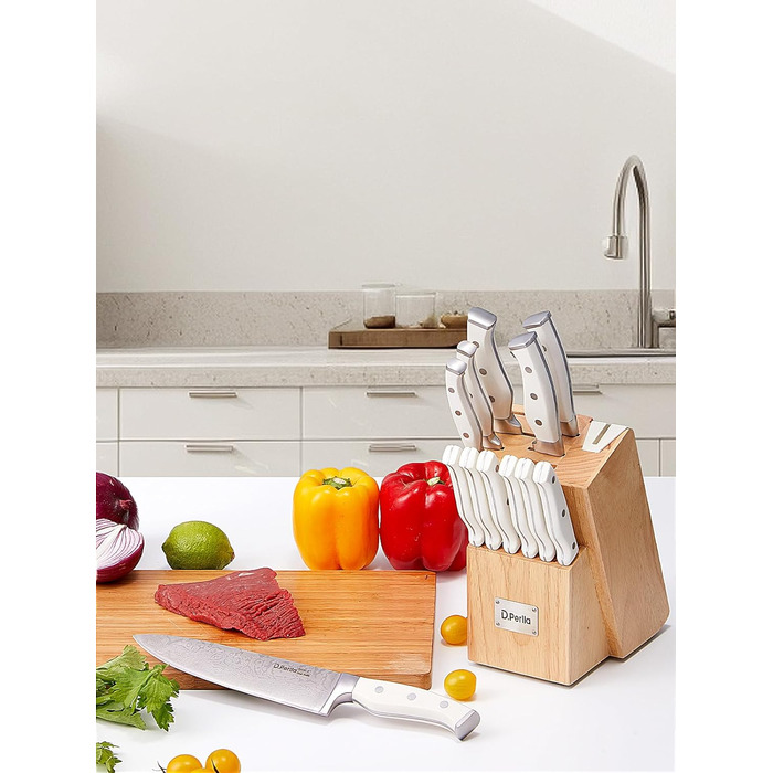 D.Perlla 14-Piece Self-Sharpening Knife Block Set - Professional Stainless Steel Kitchen Knife Set with Plastic Handle & Wood Block