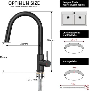 Чорний кухонний змішувач Rainsworth з висувною лійкою та душем, високий (56 см), з двома типами струменя, 360° оберт, з нержавіючої сталі, проста установка
