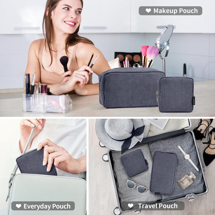 Косметичка MAGEFY для косметики та подорожей, сіра (2 шт.) - з відділеннями, з корду, для жінок