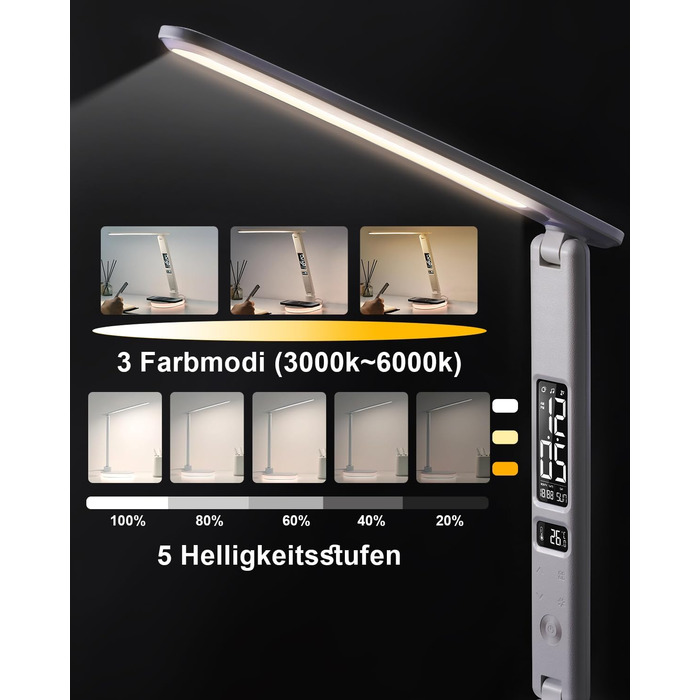 Настільна лампа CCHKFEI з регулюванням, годинником, LED-дисплеєм, бездротовим зарядним пристроєм 10W та USB-портом, 3 режими кольору, датчиком температури та RGB-підсвічуванням для читання, дому та офісу