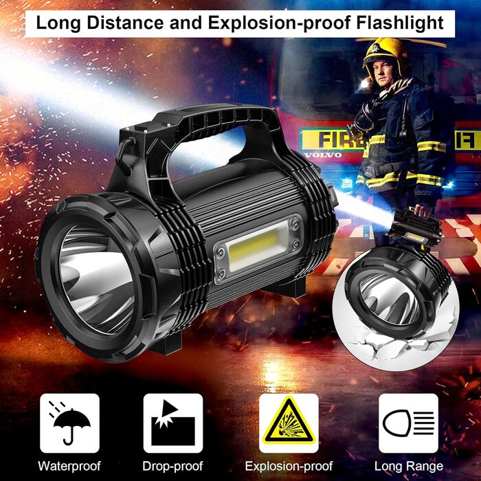 ERAY LED ліхтарик 11000 лм, ручний прожектор, акумулятор 9600mAh, 6 режимів, IPX4 водонепроникний, Power Bank, потужний ліхтар для кемпінгу, туризму, надзвичайних ситуацій, активного відпочинку (8 режимів - 3000 лм)