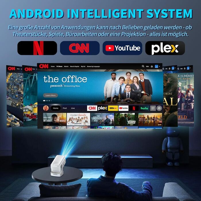4K проєктор Beamer Full HD 1080P Android: портативний міні-проєктор з WiFi 6, Bluetooth 5.2, 270° обертанням, підтримкою PC/HDMI/USB, з пультом та мишкою, білий