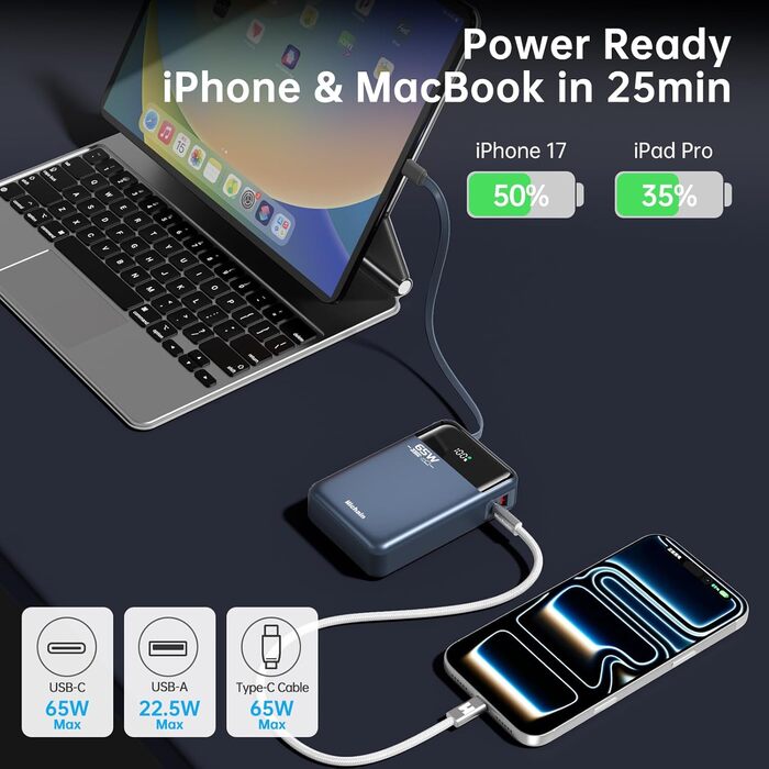Power Bank Hichain 65W 20000mAh USB-C з кабелем, LED-дисплей, для MacBook, iPhone, Samsung, iPad, планшетів - Синій