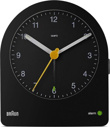 Braun Classic Analog Alarm Clock with Snooze Function and Continuous Backlight, Quiet Quartz Movement, Crescendo Alarm in Black, Model BC22B.