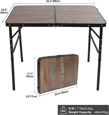 REDCAMP Складний столик з регулюванням висоти, легкий портативний туристичний столик 60x40 см (4 положення) з сітчатим шаром, для дому та відпочинку на природі, балкону, ринку, кухні, темно-коричневий (декор під дерево, 90x60 см (2 положення))