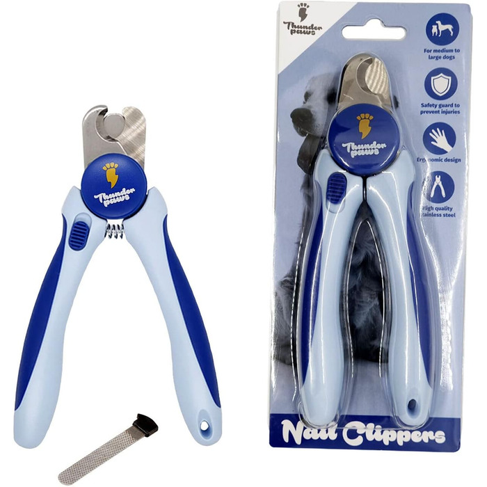 Професійна ножиця для обрізання кігтів собак із захистом, блокуванням безпеки та пилочкою (середній/великий, зелений/синій)