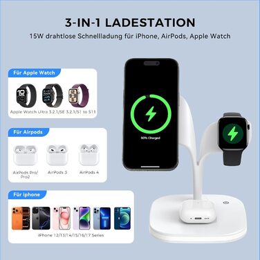 Зарядна станція 3-в-1 для Apple Watch та iPhone з MagSafe, білий колір. Підходить для iPhone 17, 16, 15, 14, 13, 12 Series, Apple Watch 11, 10, 9, 8, 7, 6, 5, 4, 3, 2, SE, Ultra, AirPods Pro/4/3/2. Потужність: 20W.