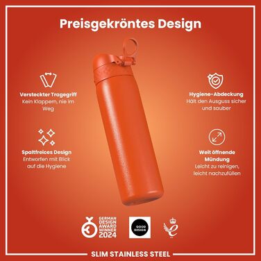 Ion8 Stainless Steel Water Bottle, 600 ml, Leak-Proof, One-Handed Opening, Secure Locking Mechanism, Dishwasher Safe, Flip-Top Lid, Carrying Handle, Easy to Clean, Durable & Scratch-Resistant (Stainless Steel, Orange)
