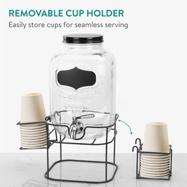Navaris 5 Liter Glass Drink Dispenser with Drink Holder - Stainless Steel Spigot and Stand - Glass Water Dispenser for Cold Drinks - Black