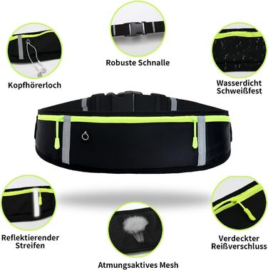 Пояс для бігу з водонепроникним регульованим гумовим ремінцем, піткостійкі кишені на стегнах великої місткості, ідеально підходить для бігу та активного відпочинку. Чорний