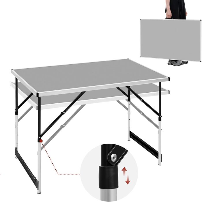 Складаний стіл Woltu для кемпінгу та відпочинку на природі 100x60 см, регульована висота, алюмінієвий і MDF, сірий