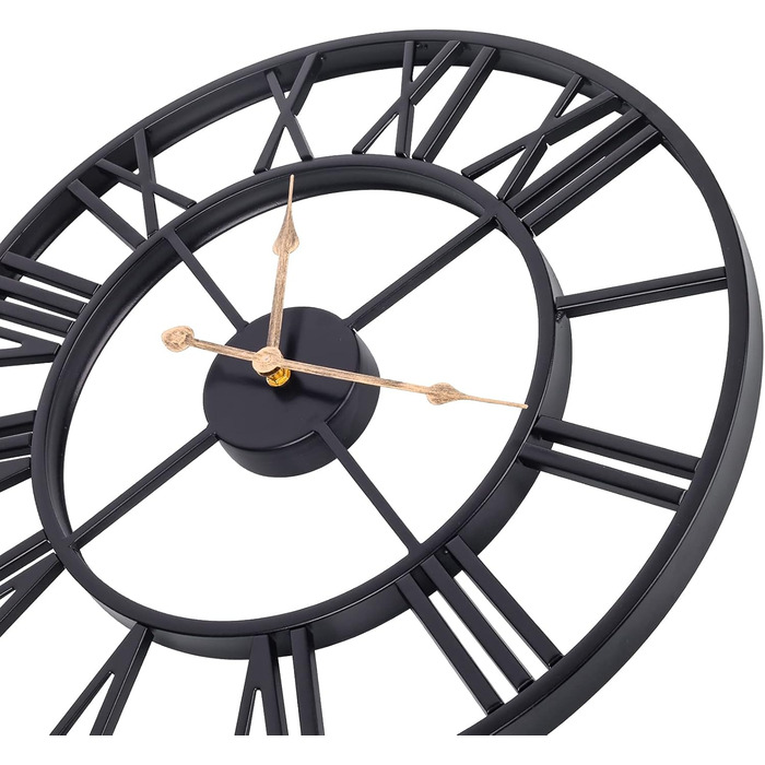 Large Wall Clock, European Industrial Vintage Wall Clock with Roman Numerals, Silent No Ticking Sounds Metal Wall Clock, Decorative Wall Clock for Living Room, Kitchen, Bedroom - 35cm, Black