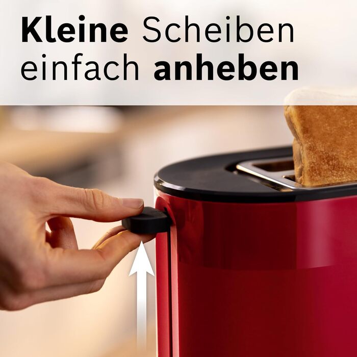 Тостер Bosch Kompakt MyMoment TAT2M124 з підігрівом для тостів, підігрівом для бутербродів, функцією розморожування, автоматичним вимкненням, підйомом, центруванням хліба, червоний матовий, 800 Вт