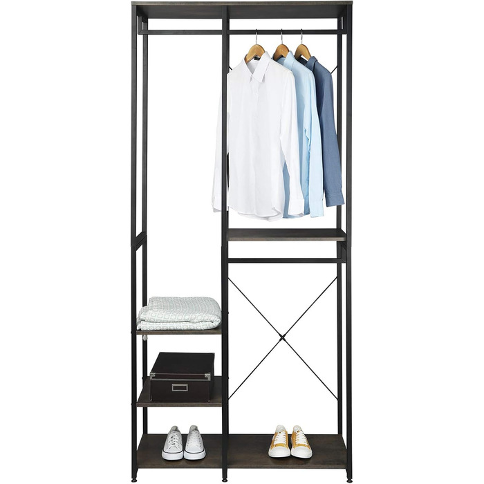 WOLTU Clothes Rack Wardrobe Clothes Rail Laundry Rack with Shelf Shoe Rack made of Wood and Steel, Hanging Shelf, White + Light Oak (Black+Rust Color)