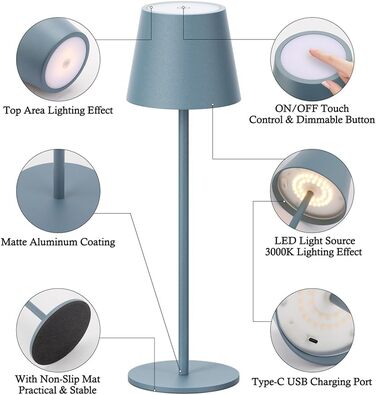 LED-лампа Klighten: 2 шт. акумуляторні настільні лампи з димуванням, USB-C, IP54, для дому та вулиці (блакитні)