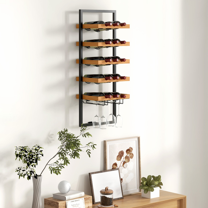 HOMCOM Wall-Mounted Wine Rack with 5 Tiers, Stackable Wine Bottle Holder, Wine Stand for 15 Bottles and 4 Glasses, Pine Wood, Steel, for Kitchen, Dining Room, Bar, Brown | Aosom