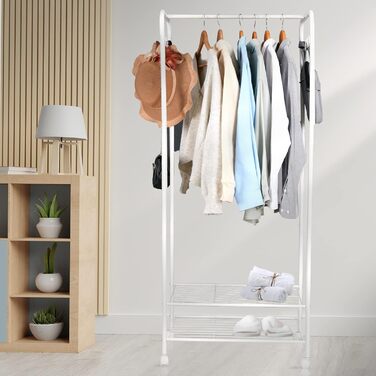Unho Rolling Garment Rack, Metal Clothes Rack with 2 Shelves for Boxes, with Clothes Rod and Hooks, for Store Bedroom Dressing Room