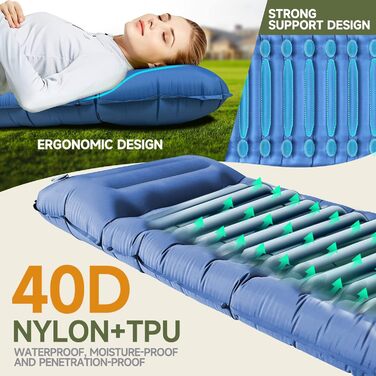 Каремат для кемпінгу Bluever самонадувний з насосом для ніг, 14 см, товстий, з подушкою. Підходить для піших прогулянок, намету, пляжу, подорожей.