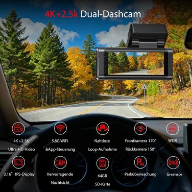 Автомобільний відеореєстратор 4K+2.5K з GPS та 5.8 GHz Wi-Fi, двоканальна камера з IPS-екраном 3.16