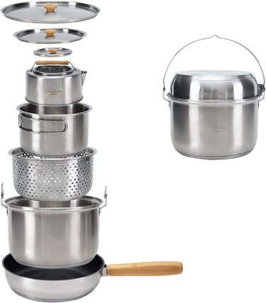 Набір посуду для кемпінгу KingCamp з кошиком, нержавіюча сталь, антипригарне покриття, 4-х частинний набір + чайник