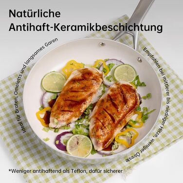Набір сковорідок з керамічним антипригарним покриттям Tjean (без PTFE, PFOA, PFAS) з нержавіючою ручкою, підходить для індукційних, газових, електричних плит та духовки до 280°C (кремовий, 20+24+28 см)