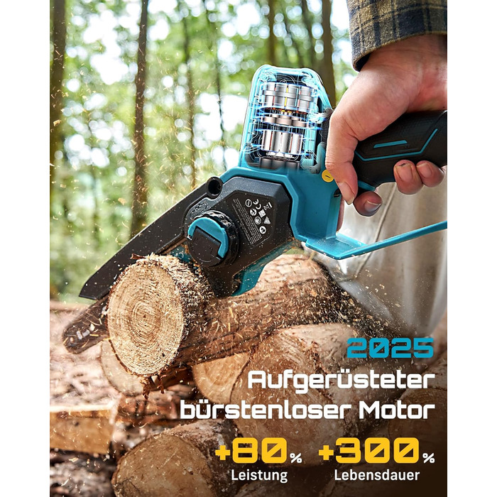 SEESII Безщіткова міні-пилка 6 дюймів, ручна акумуляторна пилка з 2 * 4000 mAh акумуляторами, одноручна акумуляторна пилка з автоматичним змащенням, сумісна з акумулятором Makita 18V, електрична пилка для дерева, гілок 6 дюймів безщіткова (6+8 дюймів безщ