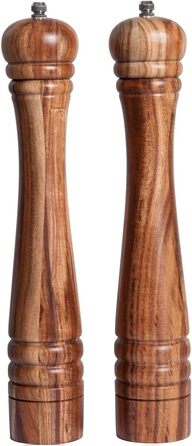 DeroTeno Salt and Pepper Mill Set, 2-Piece Spice Mill Set, Salt and Pepper Mills made of Acacia Wood with Ceramic Grinder, H 30 cm