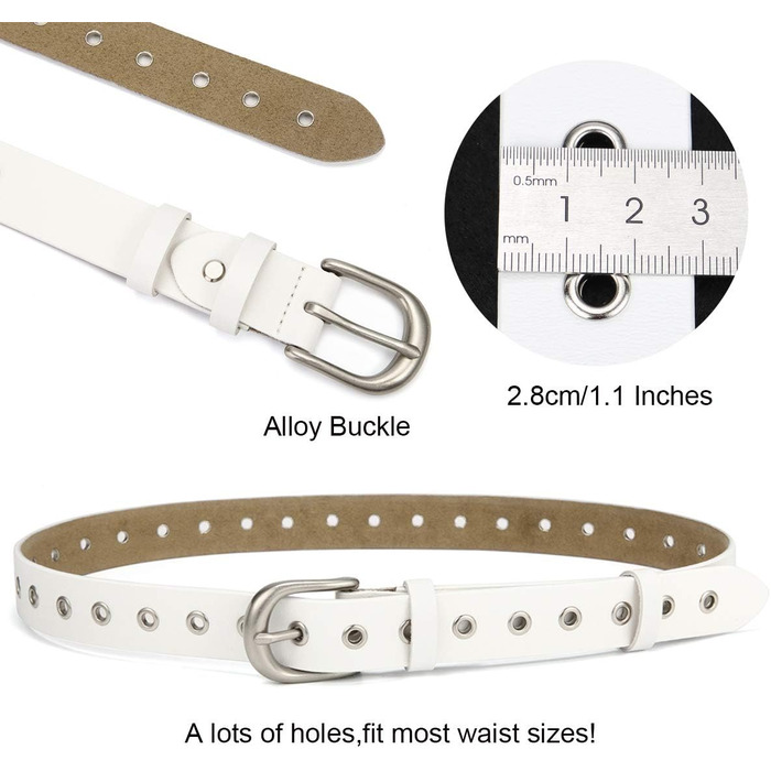 Жіночий шкіряний ремінь з металевою пряжкою для джинсів Dreess, ширина 1.1 см (M: 105 см, підходить для обхвату талії 85-94 см, колір: білий)