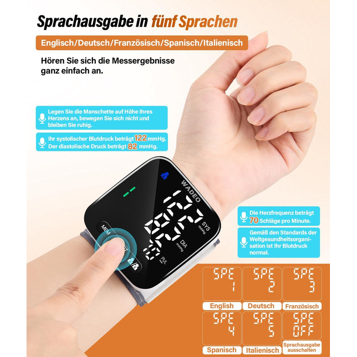 Цифровий тонометр WADEO на зап'ясті, оголошення 5 мовами, виявлення аритмії, портативний тонометр для дому та в дорогу, 2 x 99 пам'ять, з батарейками та коробкою для зберігання, білий