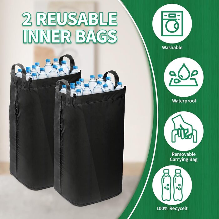 110L Deposit Bottle Collection Container with Lid & 2 Removable Carrying Bags, Large Deposit Bottle Storage, Container for Empty Bottles & Recyclable Glass Storage, Kitchen Pantry Bottle Bag