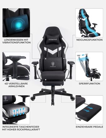 Ігровий крісло Dowinx з тканини - ергономічне крісло для офісу з функцією масажу, підголівником, поперековою подушкою та підставкою для ніг - чорно-біле