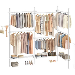 SONGMICS Telescopic Rod Clothes Rack, 3-Tier Wardrobe, Height and Width Adjustable, Open Clothes Closet with 2 Clothes Rods and Removable Shelf, Grab Arm, HSR136B01 (Matt White, 3 Rows (240B~353B) cm)